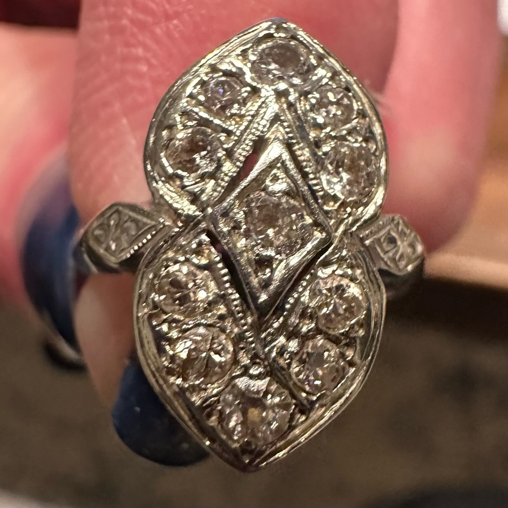 Unique Estate Elegant  14K White Gold Diamond Double Heart Ring .